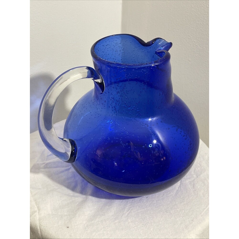 Vintage Hand Blown Artland Iris Cobalt Blue Controlled Bubbles Glass Pitcher